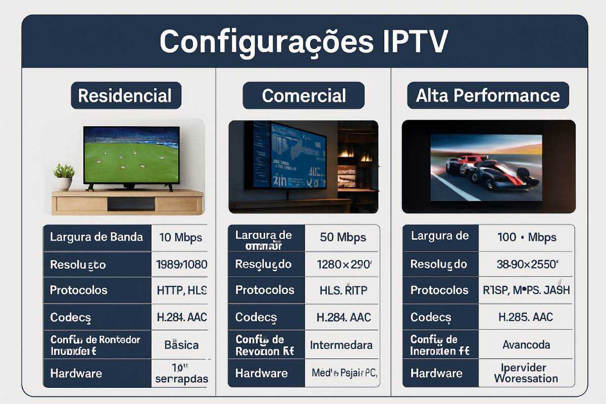 Comparativo detalhado de configurações IPTV otimizadas para diversos ambientes (empresarial, residencial, móvel), destacando diferenças em parâmetros de buffer, codificação, protocolos de transporte e mecanismos de recuperação de erro.