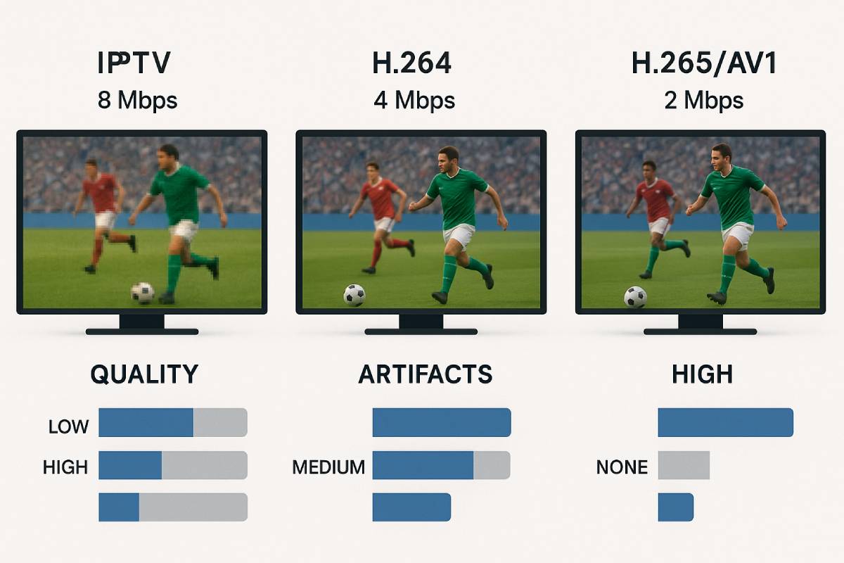 Comparação lado a lado de streams IPTV com diferentes configurações de codec, mostrando artefatos de compressão, qualidade de imagem e consumo de banda