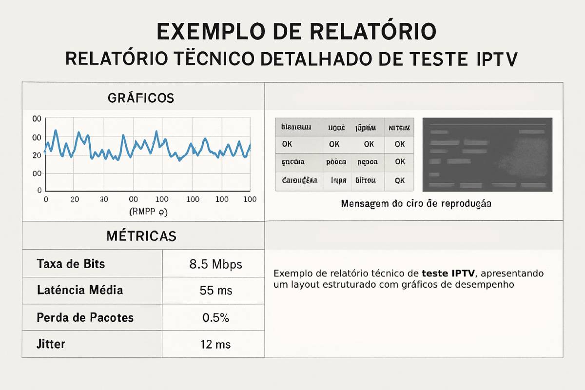 Relatório técnico profissional de teste IPTV exibindo formato estruturado com gráficos comparativos de performance, tabelas detalhadas de métricas por dispositivo, capturas diagnósticas de problemas identificados e recomendações técnicas baseadas em evidências.