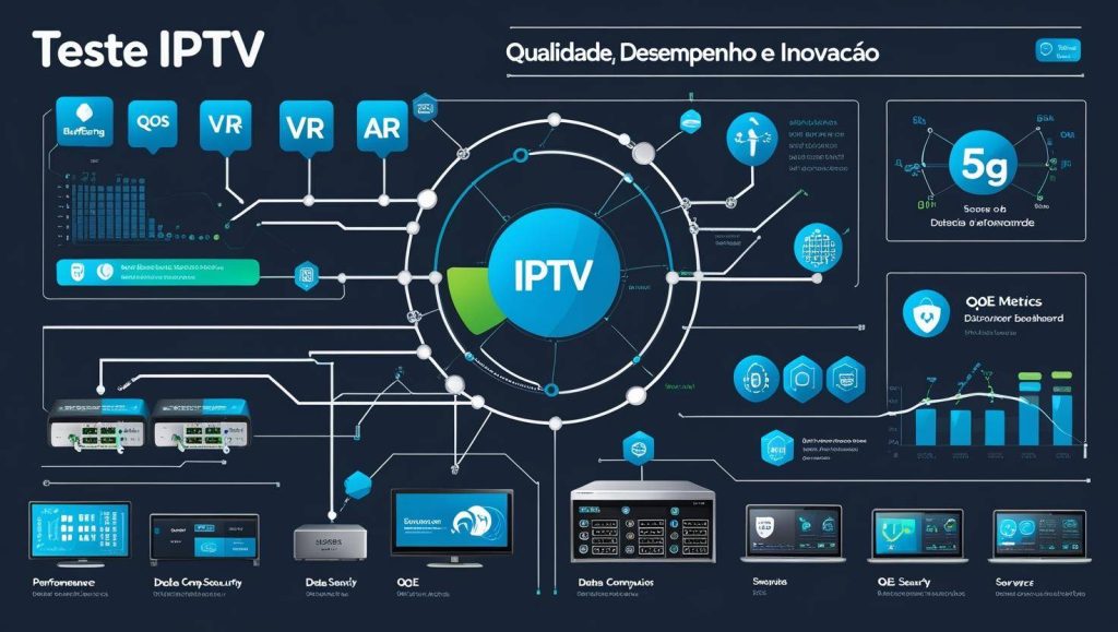 Infográfico moderno e tecnológico com o tema 'Teste IPTV'. Layout limpo e organizado com Ãcones vetoriais representando: buffering, QoS, VR/AR, edge computing, 5G, segurança de dados, métricas de QoE e painéis de monitoramento. Cores predominantes: azul, cinza e toques de verde. Elementos visuais como gráficos de desempenho, conexões de rede, set-top boxes, dispositivos móveis e servidores. TÃtulo no topo: 'Teste IPTV – Qualidade, Desempenho e Inovação'. Estilo visual semelhante a dashboards de tecnologia ou interfaces de sistema.