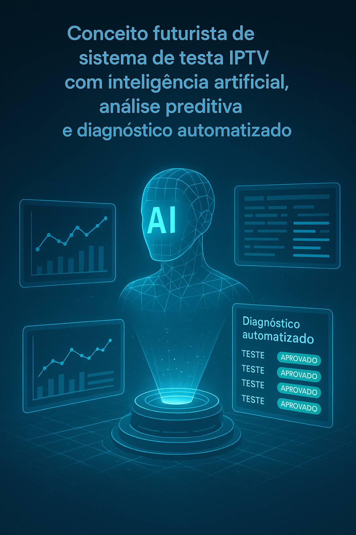 Representação conceitual de plataforma avançada de teste IPTV do futuro, integrando análise de IA para detecção preditiva de falhas, diagnóstico automatizado e otimização contínua com interface de visualização holográfica 3D mostrando correlações complexas entre parâmetros de desempenho.
