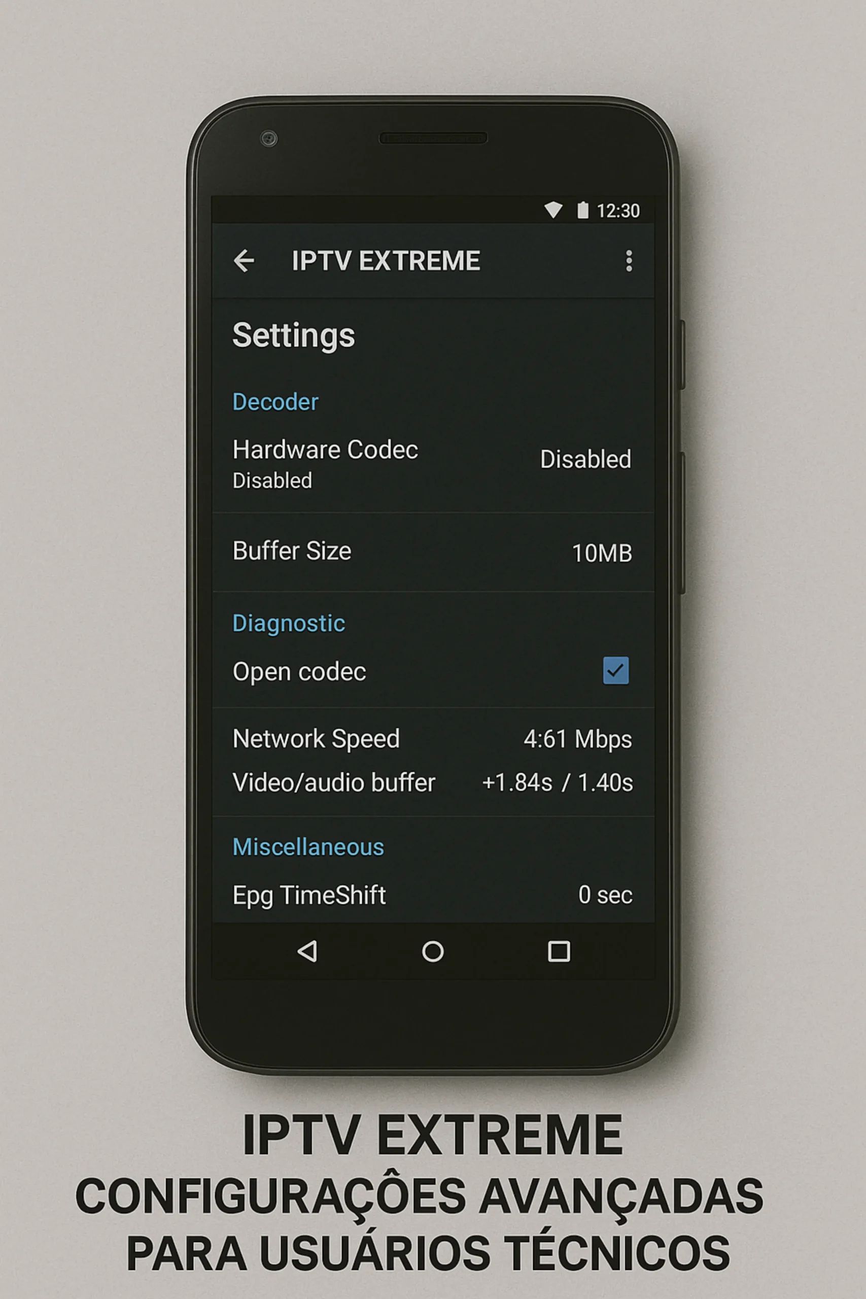 IPTV Extreme mostrando configurações avançadas e métricas de diagnóstico