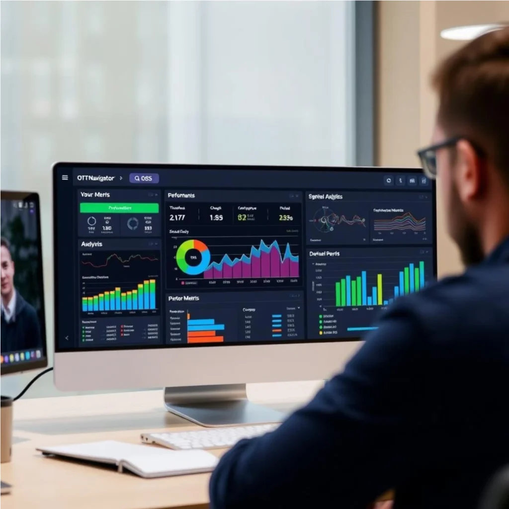 OTT Navigator mostrando dashboard com métricas profissionais e análise de QoS