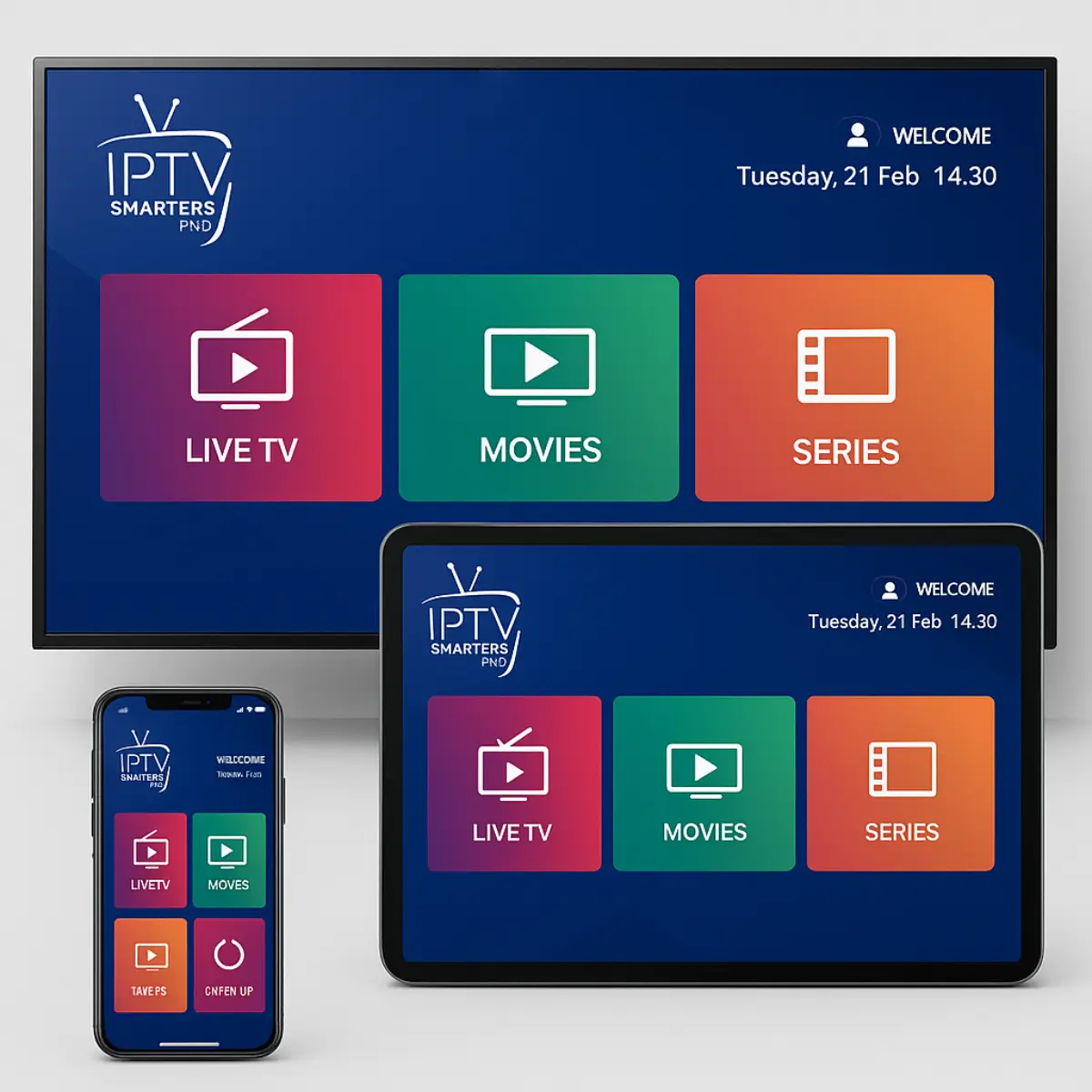 Smartphone, tablet e Smart TV exibindo IPTV Smarters Pro sincronizado