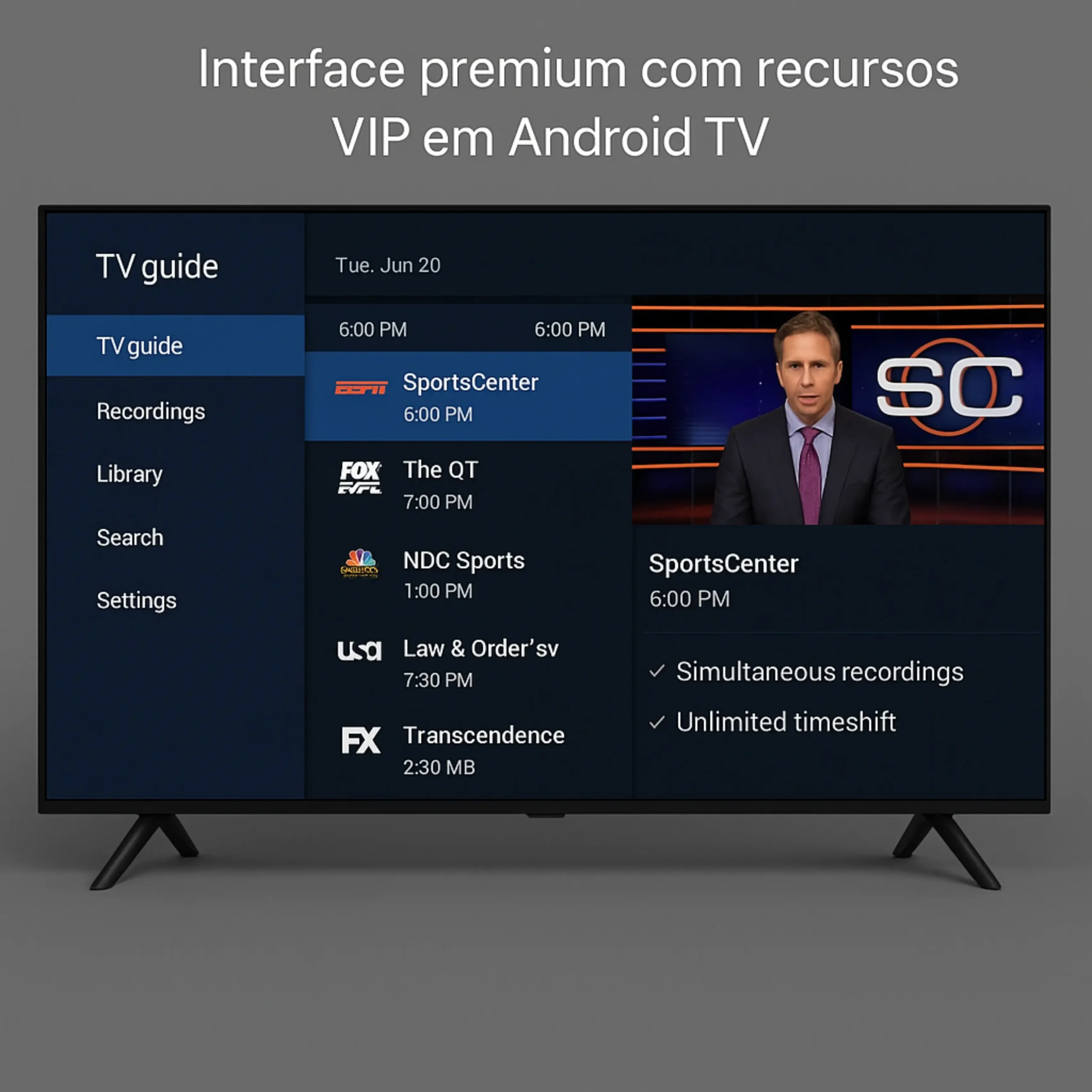 TiviMate executando em Android TV com interface premium e recursos VIP