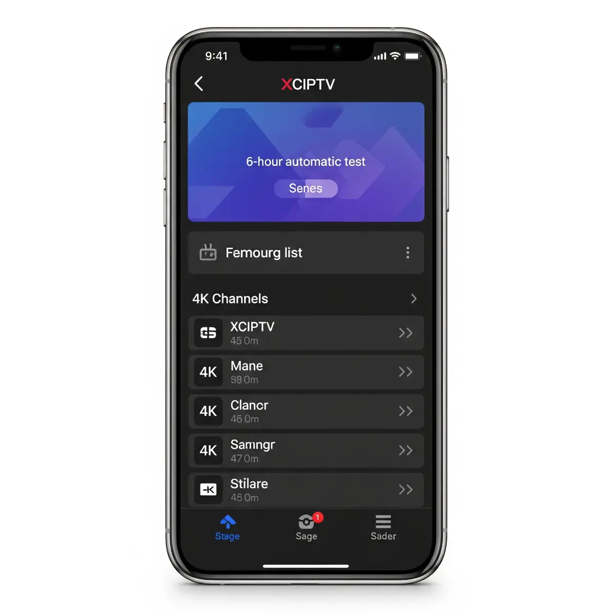 Interface do aplicativo XCIPTV com botão de teste gratuito de 6 horas em destaque